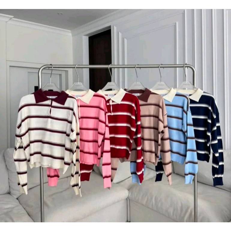 PTPL2909 เสื้อแขนยาวไหมพรมลายทางปัก PROMTHONG