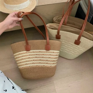 Cicishop(A137) กระเป๋าสานทอ ใบใหญ่ สะพานข้าง ใส่ของได้เยอะ พกพาง่ายใส่ไปทะเลหรือไปเที่ยววันหยุด