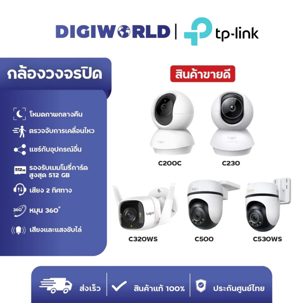 TP-Link Tapo กล้องวงจรปิด Wi-Fi ดูผ่านมือถือ รุ่น C200/C210/C220/C310/C320WS/C500/C510W/C520WS