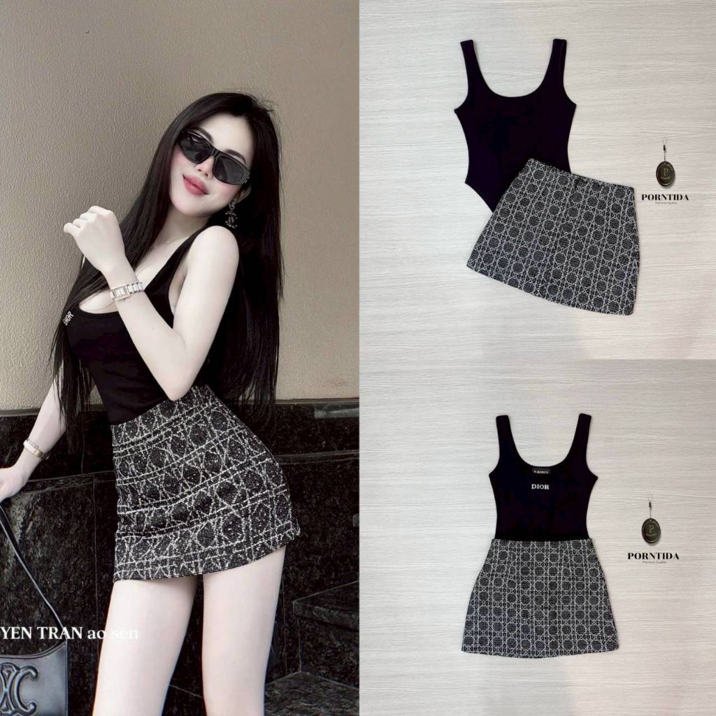 Porntida ชุดเดรสเซต 2 ชิ้น สีนำ เสื้อบอดี้สูทสีดำ ปักดิออร์ด้านหน้า + กระโปรงผ้าทอซับในกางเกง