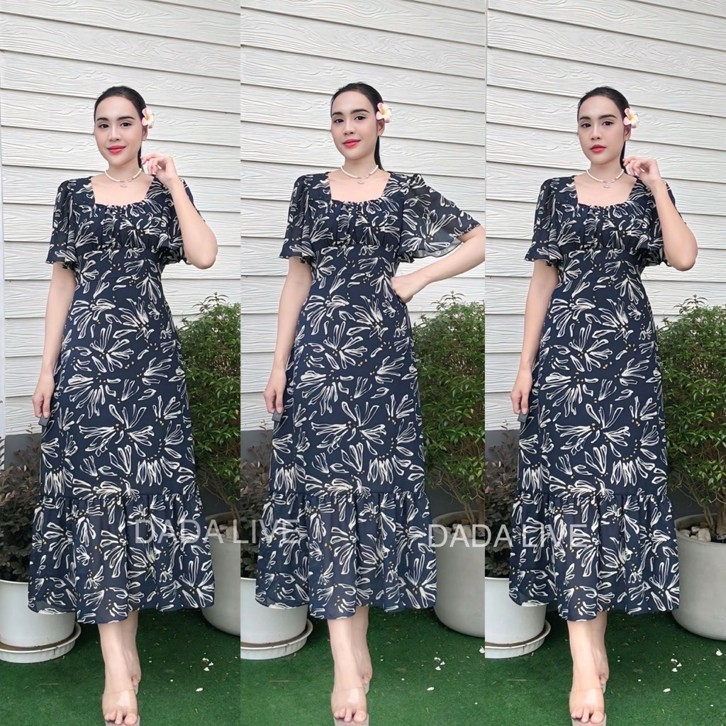 ชุดเดรสยาว ผ้าชีฟอง แขนระบาย กระโปรงระบาย1ชั้น ความยาว50“ลายดอก