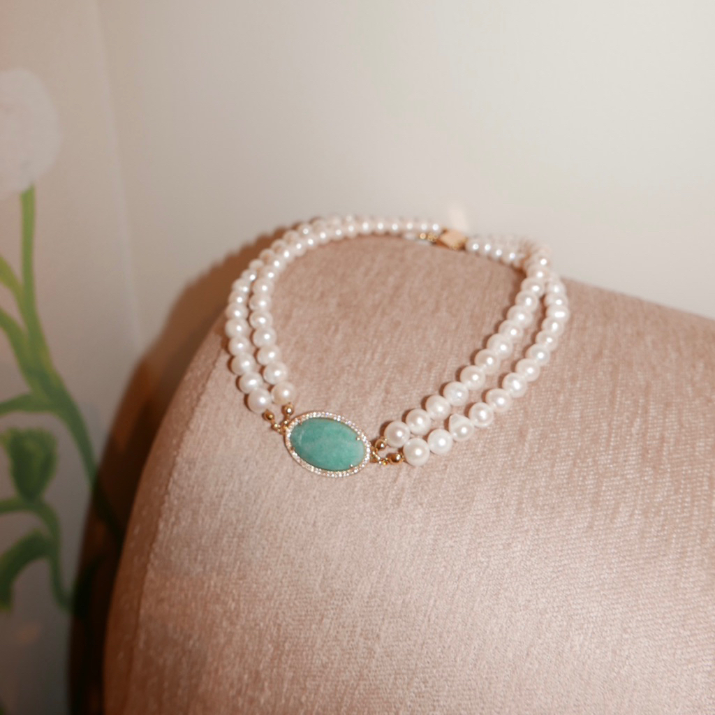 Valleydarley – Double layer Green Amazonite freshwater pearl necklace ราคา ถูกที่สุด ดีลบีเคเค