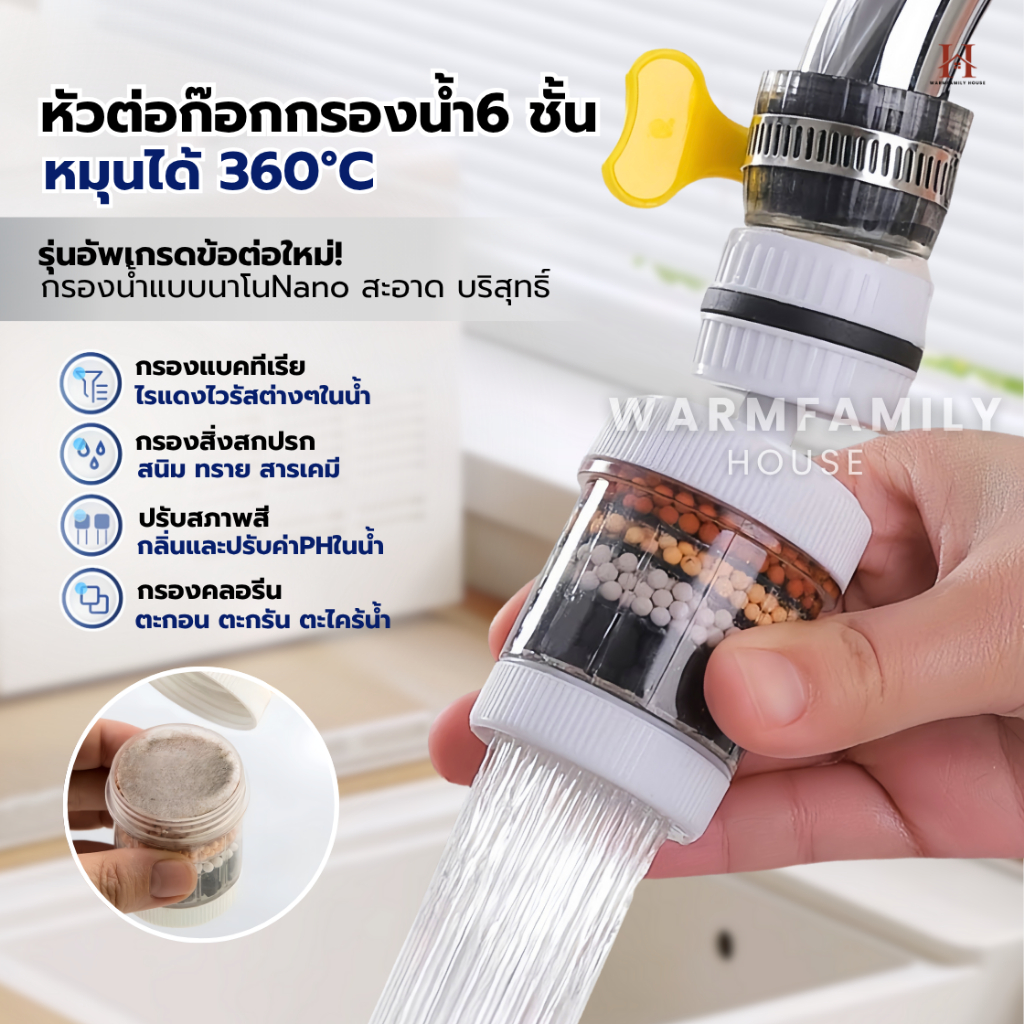 หัวต่อก๊อกกรองน้ำหมุนได้ 360°C(อัพเกรดใหม่) ชั้นกรอง 6ชั้น กันน้ำกระเด็น หัวกรองก๊อกน้ำ ที่กรองน้ำ หัวกรองน้ำ ระบบน้ำ