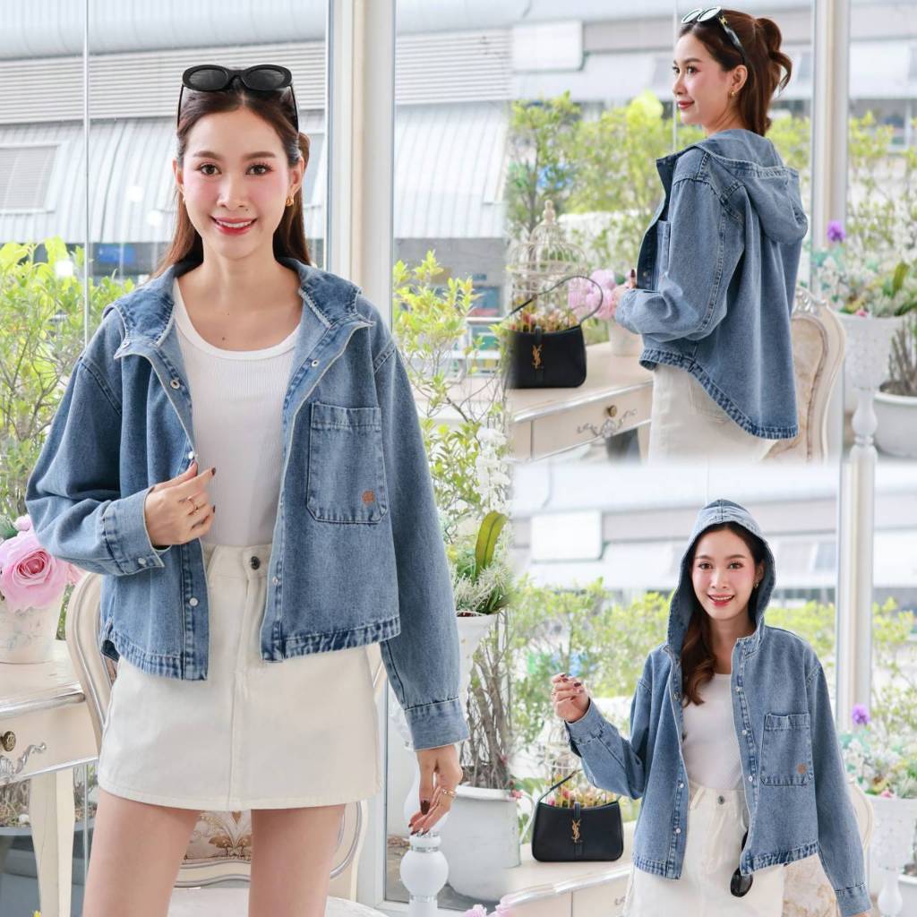 PINKแจ็คเก็ตยีนส์แขนยาวทรงฮู้ด กระดุมมุก สไตล์เกาหลี หน้าสั้นหลังยาว รุ่น100