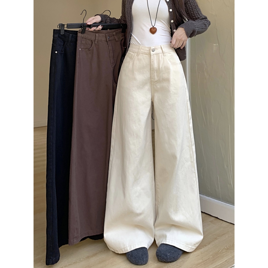 กางเกงยีนส์ กางเกงขากว้าง เอวสูง มินิมอล ผ้าดี#1207