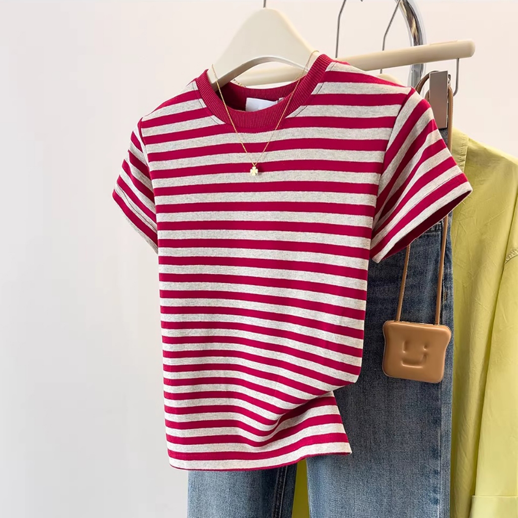 Y6Y - เสื้อยืดคอกลมแขนสั้นลายทางสีแดงสำหรับผู้หญิง ทรงลำลอง