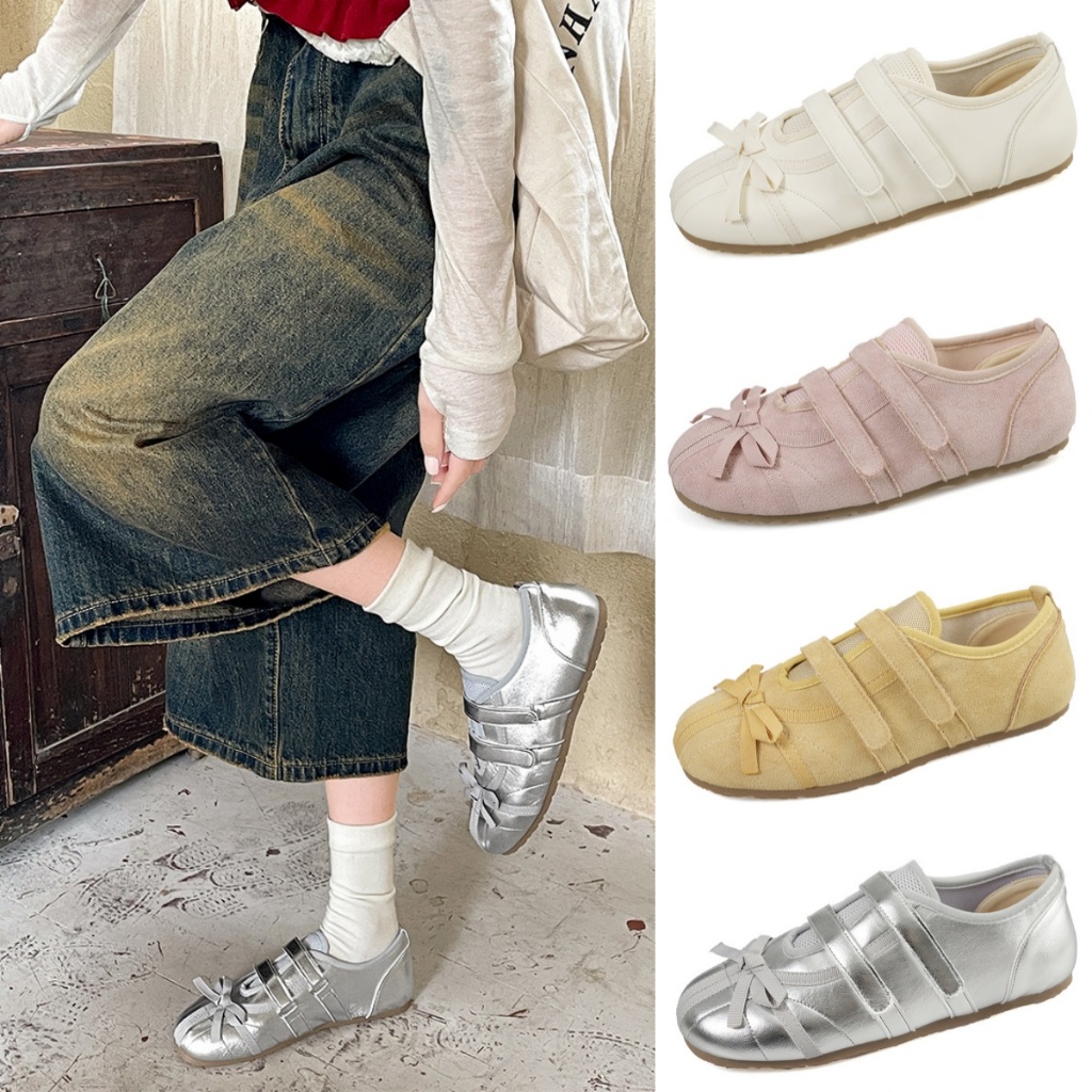 รองเท้าผู้หญิง รองเท้าแมรี่เจนหัวกลมแฟชั่นสำหรับผู้หญิง รองเท้าหนังส้นแบน สไตล์เกาหลี นุ่มสบาย ตกแต่งด้วยลูกไม้