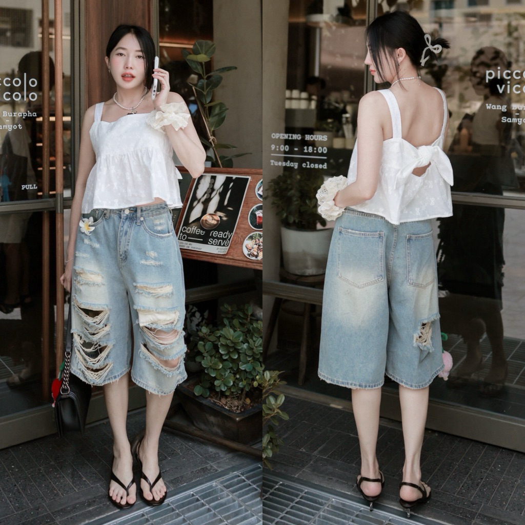 61629 กางเกงยีนส์ขาดเซอร์ขากระบอกใหญ่ 5 ส่วน งานป้าย fsy