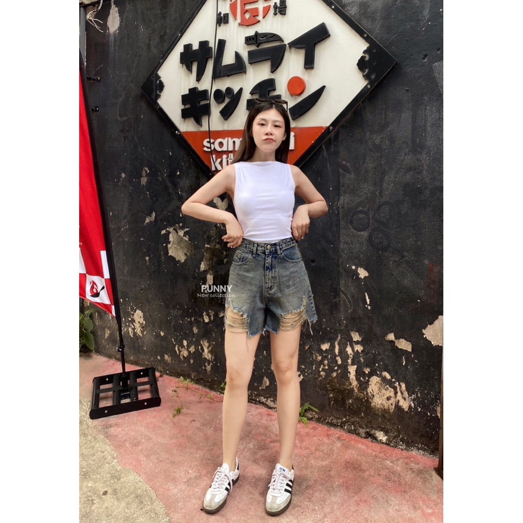 Punny jaens กางเกงขาสั้นแต่งขาดรุ่ยสวย ผ้าไม่ยืด เอวสูง ผ้าใส่สบายเก๋ๆจ้า - รูปที่ 5