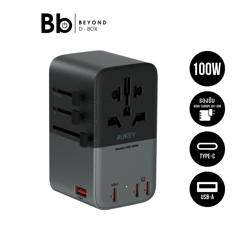 หัวแปลงปลั๊กไฟ AUKEY Travel Mate 100W GaN Universal Adapter with USB Ports รุ่น PA-TA09A by BB Beyon