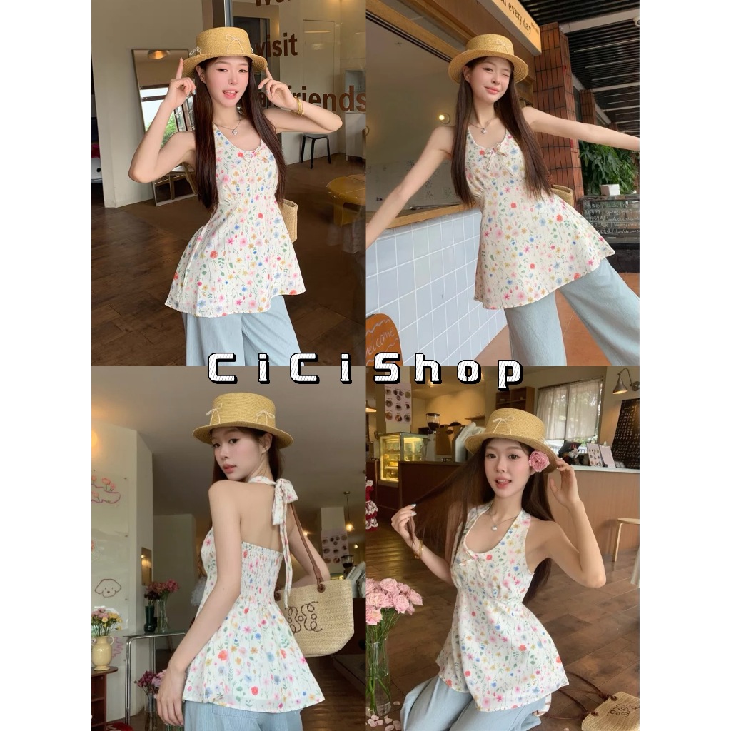 Cicishop(8K185) เสื้อคล้องคอตัวยาวลายดอกไม้มินิมอล ดีเทลผูกน่ารักๆ สม็อคหลัง มีซับใน ผ้าพิมพ์ สไตล์เกาหลี
