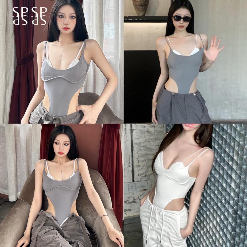 SPND【พร้อมส่ง】บอดี้สูทสายเดี่ยว 2 ชิ้น สีพื้น เข้ารูป สวยแซ่บ มี2สี