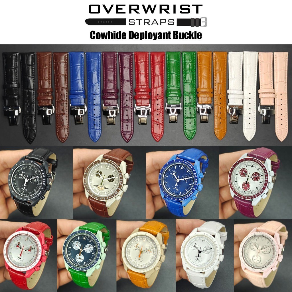สายนาฬิกา สายหนังแท้ วัวปั๊มลายจระเข้ overwrist Cowhide Deployant Buckle