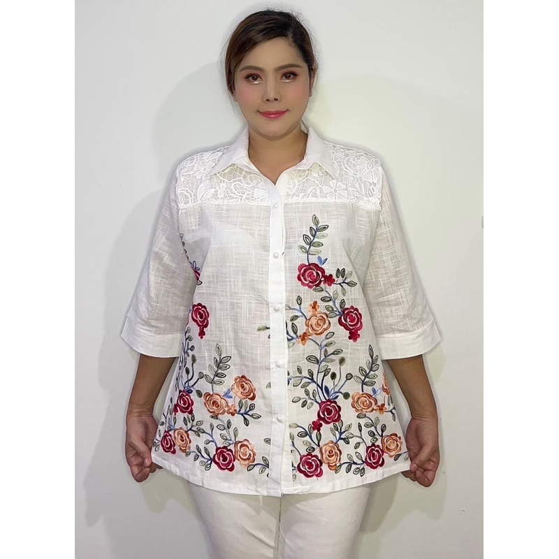 เสื้อลินินสาวอวบคอปกเชิ๊ตสวยเรียบหรูใส่สบายผ้าเนื้อดีงานปักรอบอก46-50หน้าผ้า50”แขนสามส่วน