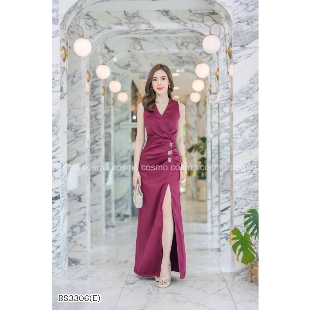 BS3306 เดรสยาว ออกงานผ้าซาร่าแต่งป้ายหน้า ผ่าหน้า แต่งอะไหล่สีเงิน หรูหรา ดูแพงมากๆ พร้อมส่ง