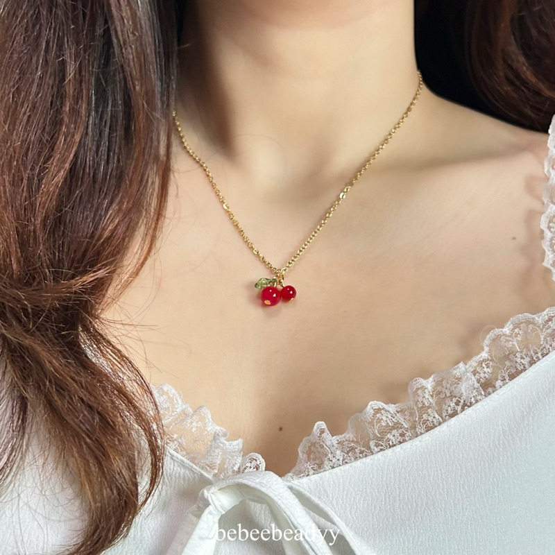 Cherry necklace 🍒🥂 gold & silver | สร้อยสแตนเลสจี้เชอร์รี่ สีเงินและสีทอง (ไม่ลอก-ดำ)