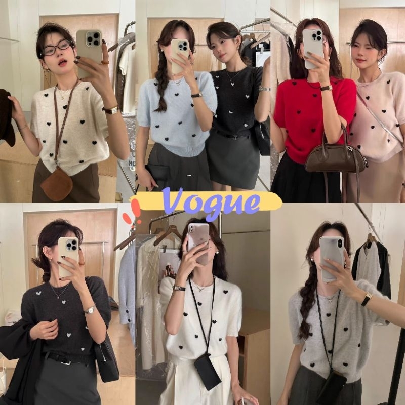 Vogue พร้อมส่ง เสื้อยืดไหมพรมแขนสั้น คอกลม ดีเทลลายหัวใจด้าหน้า (ZH030)