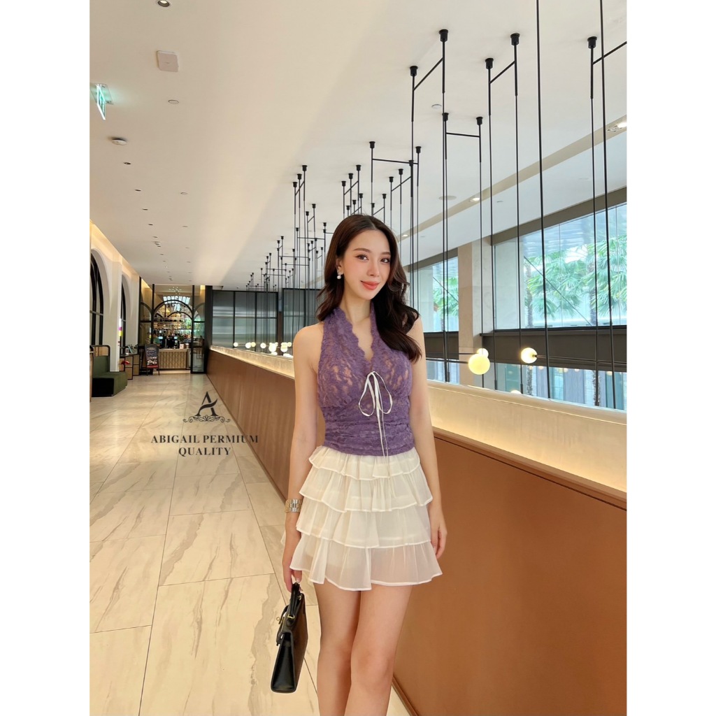 ABIGAIL Size S ABG106 ชุดเซต 2 ชิ้น เสื้อลูกไม้สีม่วงคล้องคอ แมทช์กับ กระโปรงสั้นเป็นทรงเอวสูง Women