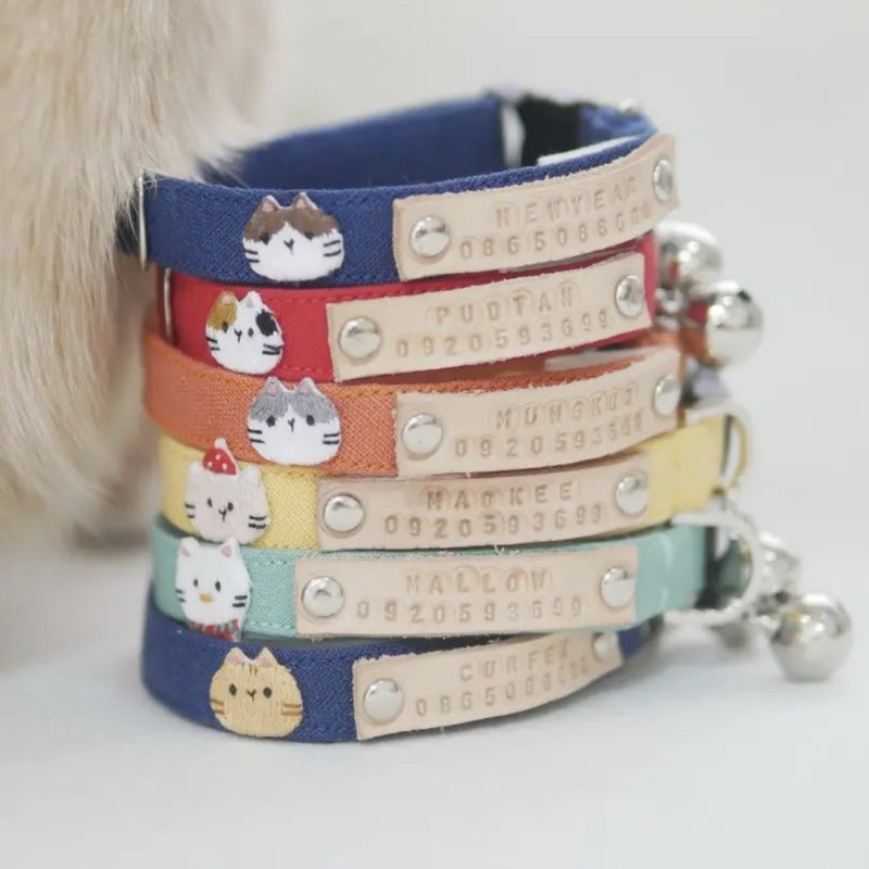 <งานสั่งทำ> ปลอกคอแมวนิรภัย รุ่น Tone series with Minimeaw แบบตอกป้ายชื่อหนัง