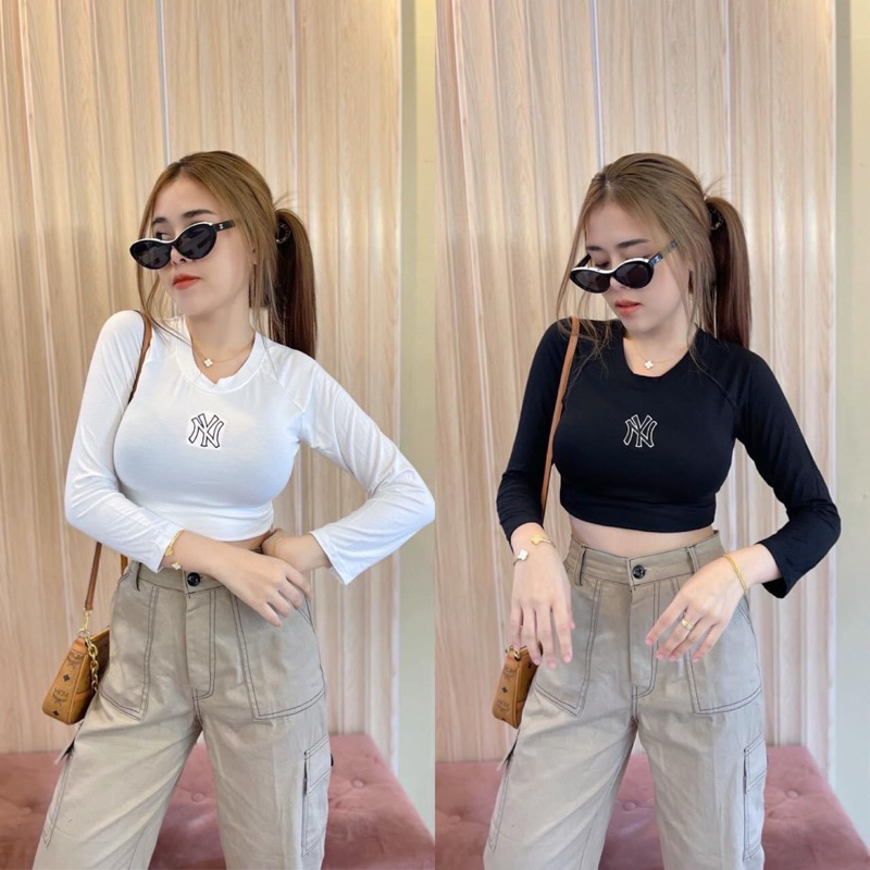 เสื้อครอปสาวอวบแขนยาว แฟชั่นNผ้าเรยอนยืดกระชับตามตัวใส่แล้วไม่ร้อน