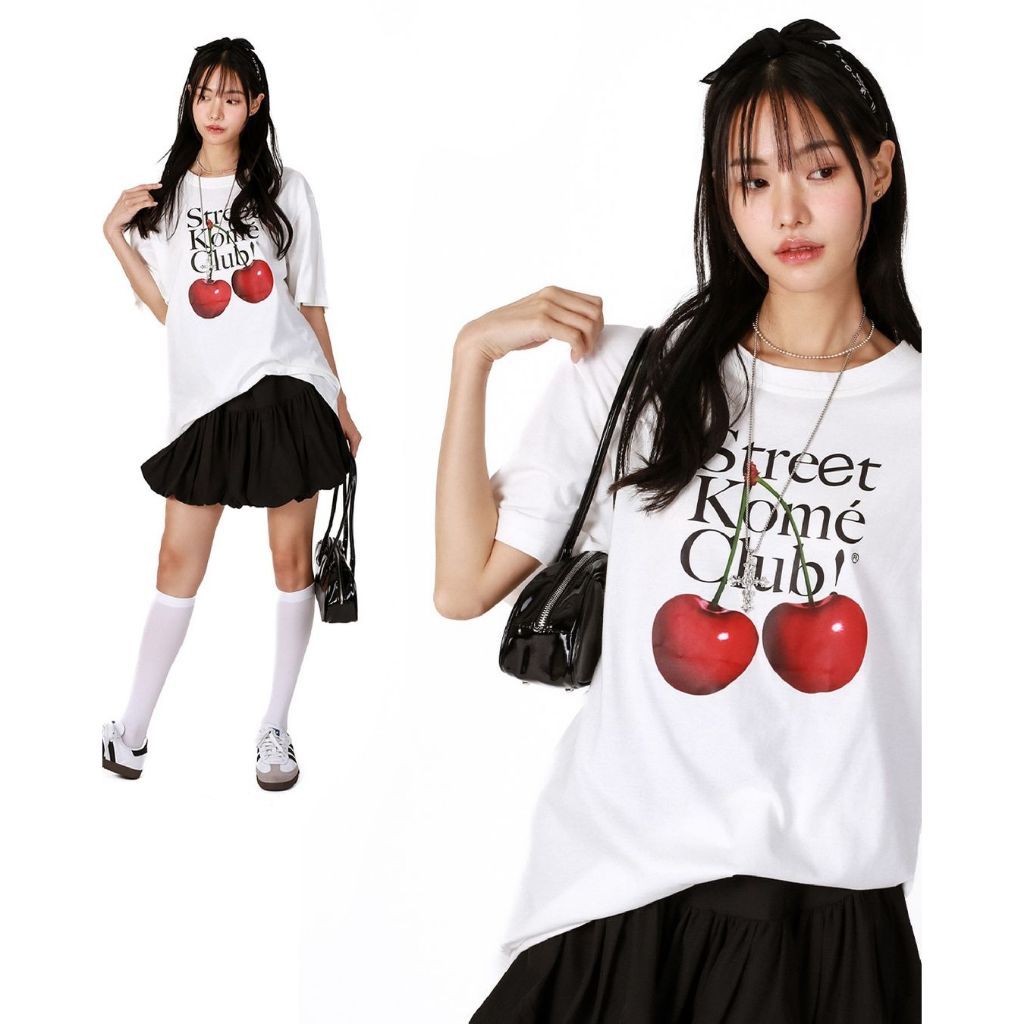 kome girl 🍓มือ1 เสื้อยืดโอเวอร์ไซส์ รุ่น street cherry t-shirt— no.250