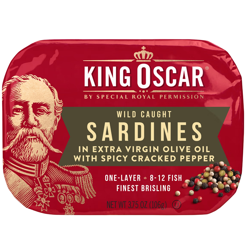 King Oscar Wild Caught Sardines in Extra Virgin Olive Oil Spicy Cracked Pepper 3.75 oz 106 gปลาซาร์ด