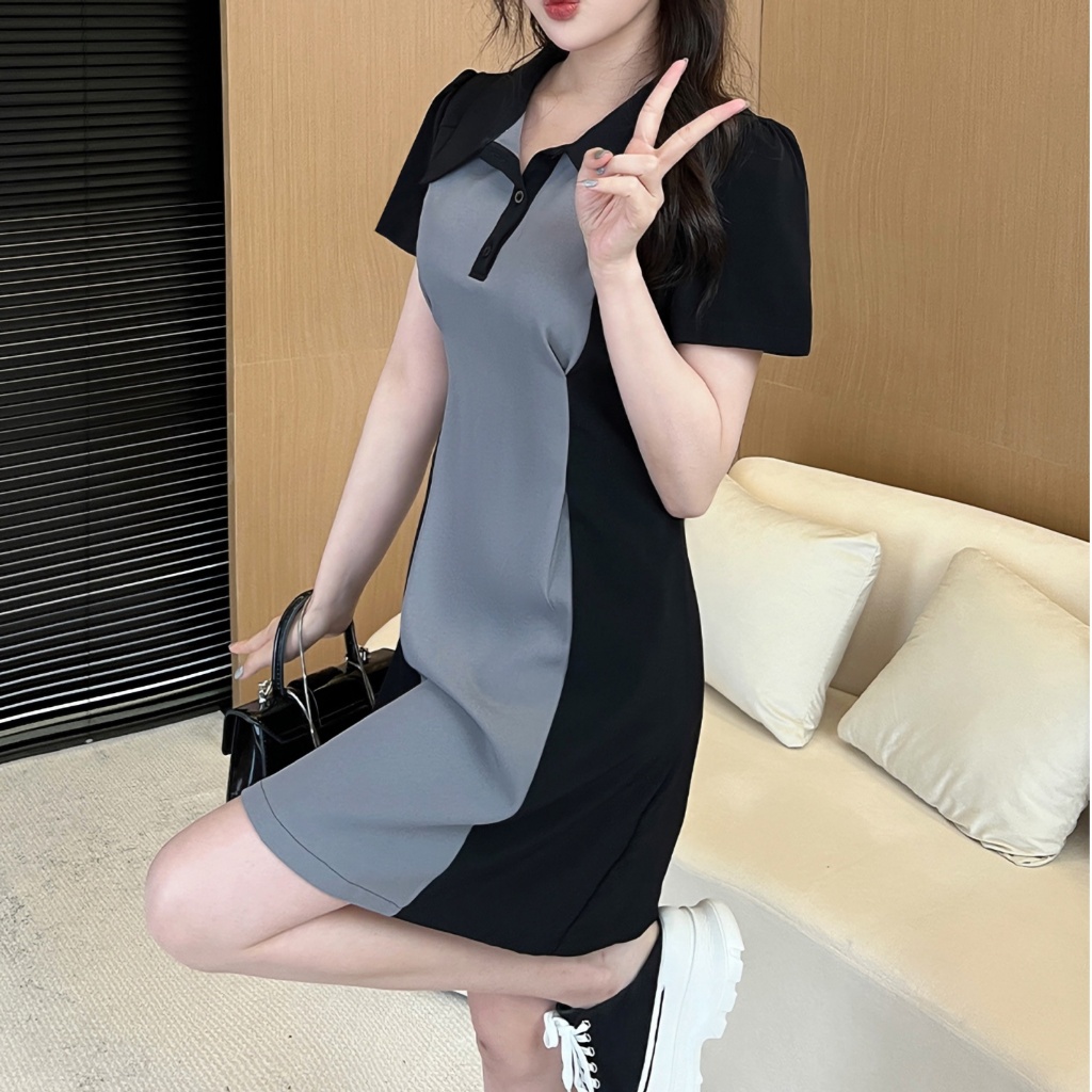 【EVIOVIO】S-5XL มินิเดรส สีทูโทน เว้าเอวช่วยพรางหุ่น สไตล์ลำลอง เดรสแฟชั่น คอปกโปโล เดรสพลัสไซซ์ - รูปที่ 4