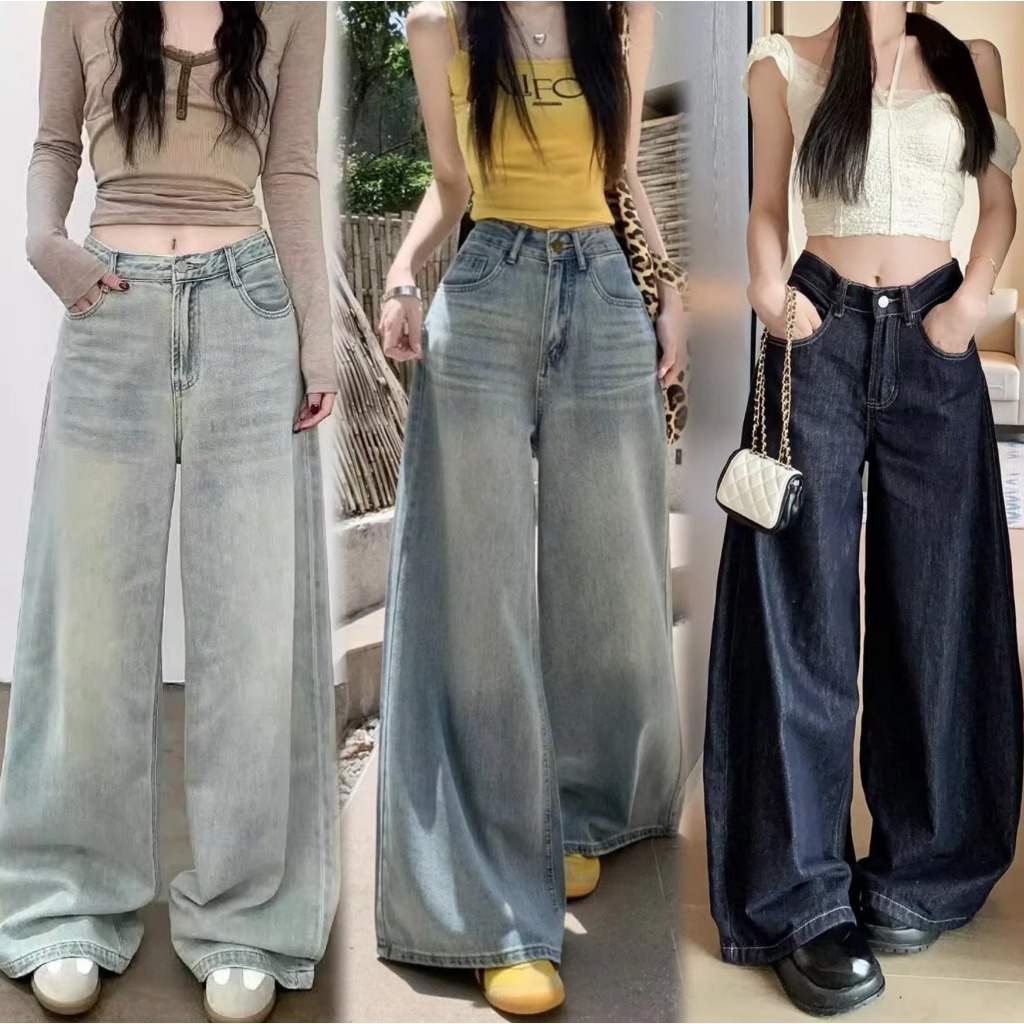 Swan shop กางเกงยีนส์เอวสูงทรงกระบอกใหญ่  วินเทจ แนวสวยสุดฮิตวัยรุ่นมากๆ