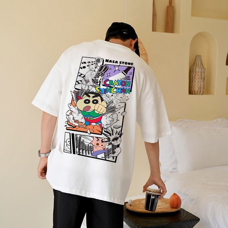 Basi เสื้อยืด oversize unisex สกรีนหน้าหลัง ลาย "Crayon Shin-chan" เป็ดเท่ๆ ผ้าคอตตอน100% ใส่สบาย แนวสตรีท ฮิปฮอป