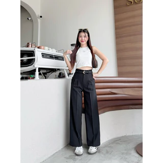 Costly Trousers กางเกงขายาวเอวสูงผู้หญิง ได้เข็มขัดด้วย แต่งจีบหน้า กางเกงขายาวพรางหุ่นเก็บพุง