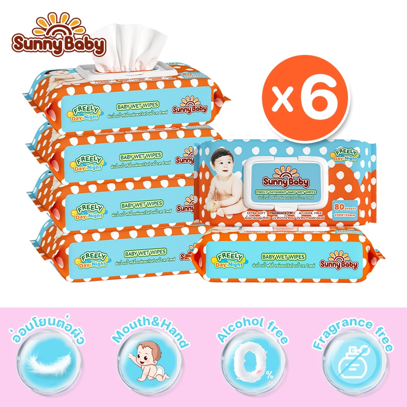 [Low Price 6ห่อ ] Sunny Baby Wipes ทิชชู่เปียกสูตรน้ำบริสุทธิ์ ซันนี่ เบบี้ ฟรีลี่ เดย์แอนด์ไนท์ เบบี้ เวท ไวพส์