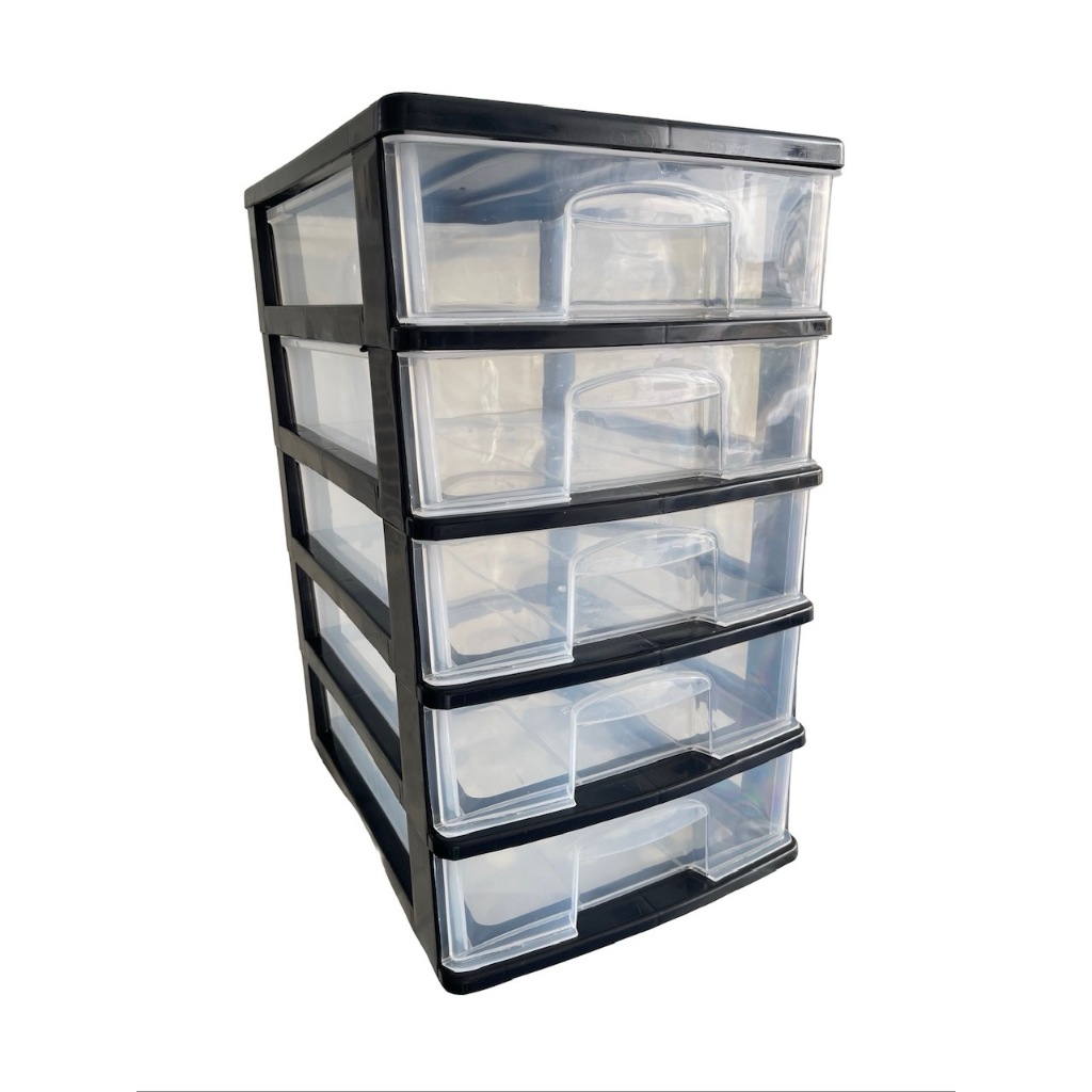 ตู้ลิ้นชัก 5 ชั้นใส ขนาด A4 สำหรับใส่เอกสารตั้งโต๊ะ Office organizer A-111-1 ขนาด 26*34*48 เซน โครงสีดำลิ้นชักใส