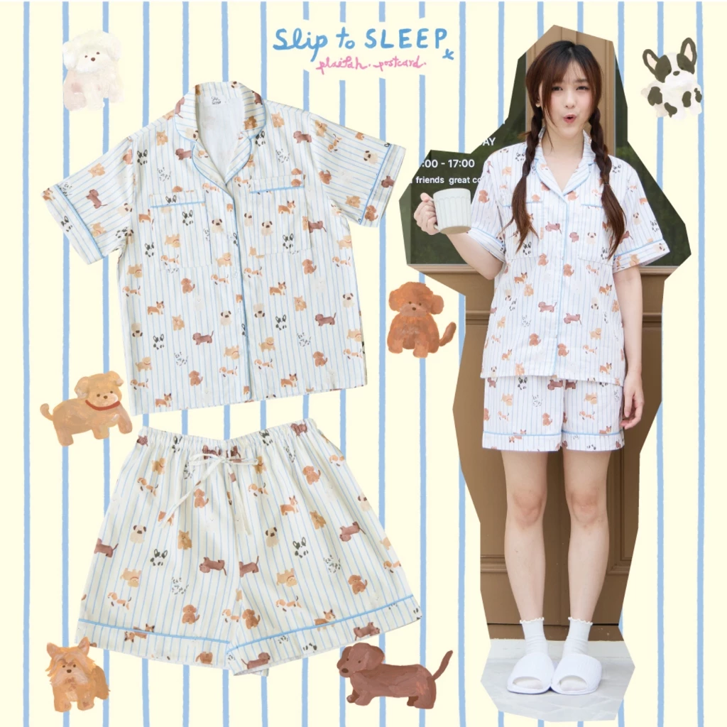 ชุดนอน sliptosleep - Cream Pup Shorts Set