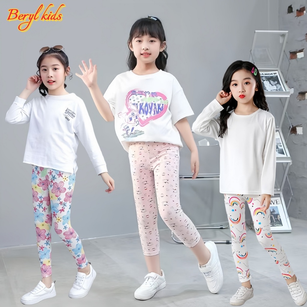 Beryl kids🌸เลคกิ้งเด็กหญิงแฟชั่น🎀เลกกิ้งเด็กขายาว เอวยางยืด แบบบาง ใส่สบาย ผ้านุ่ม ลำลอง สีแคนดี้ ขายดี ฤดูร้อน