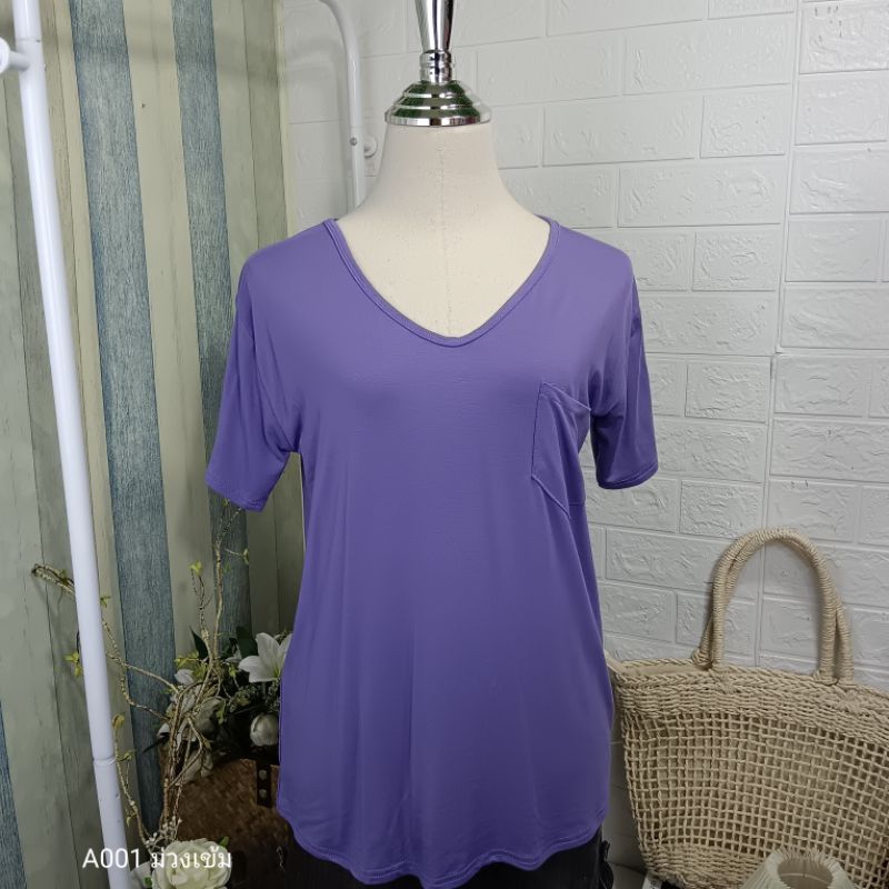 A001 เสื้อยืดคอวี ผ้าเรย่อน อก 36-44 นิ้ว สาวอวบใส่ได้ มีกระเป๋าหน้า  ใส่สบาย ผู้หญิง - รูปที่ 2