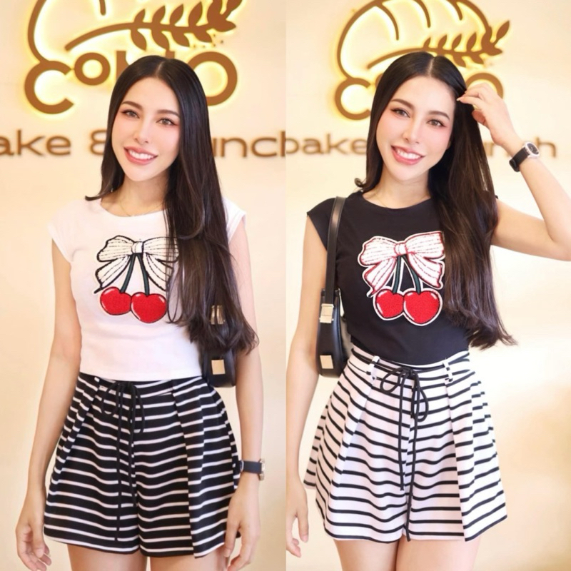 ชุดเซ็ท เสื้อเเขนกุดเชอรี่+กางเกงลายทาง ผู้หญิง