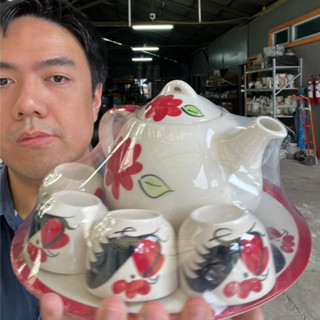 ชุดน้ำชา + ถ้วยชา เซรามิค ลายตราไก่ พร้อมจานรอง ชุดกาน้ำชา ก…