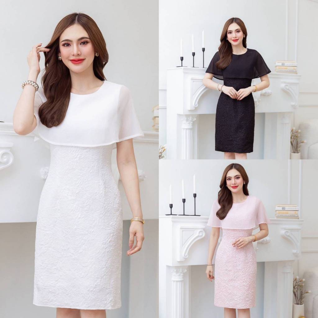 เดรสคลุมไหล่ ผ้าแจ็คกาดลายกุหลาบ สวยหรูดูดี ผ้าสวยมากมีเทคเจอร์สามมิติช่วงอกเป็นผ้าคลุมสวยพริ้วมีกลิตเติอร์วิ้งๆวับๆสวย