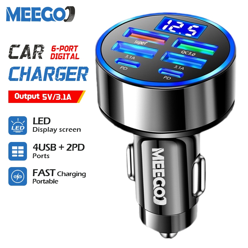 MeeGoo หัวชาร์จ ที่ชาร์จในรถยนต์ 6พอร์ต แบบจอแสดงผลดิจิตอล 12/24V USB พอร์ต PD