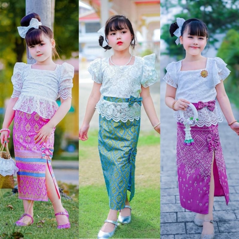 ชุดไทยประยุกต์ เสื้อลูกไม้กระโปรงยาว ชุดไทยเด็ก พร้อมส่ง(IN)
