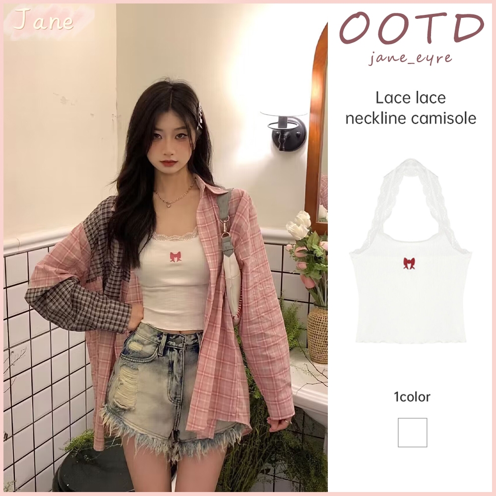 การจัดส่งที่รวดเร็ว ลูกไม้ขอบแขวนคอ Camisole ผู้หญิงหวานเผ็ดสั้นเสื้อแขนกุด Bottoming JN