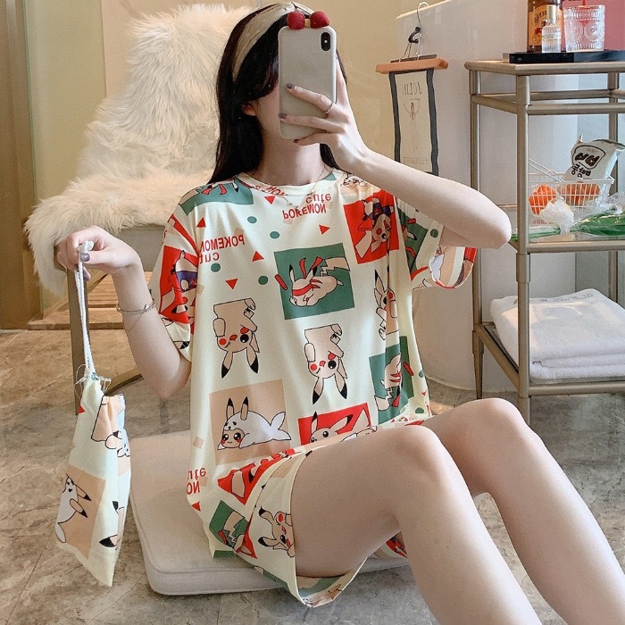 ชุดนอนสตรี 6XL เสื้อแขนสั้น+กางเกงขาสั้น ลายน่ารัก ผ้าซาเปนเนส AP พร้อมจัดส่ง