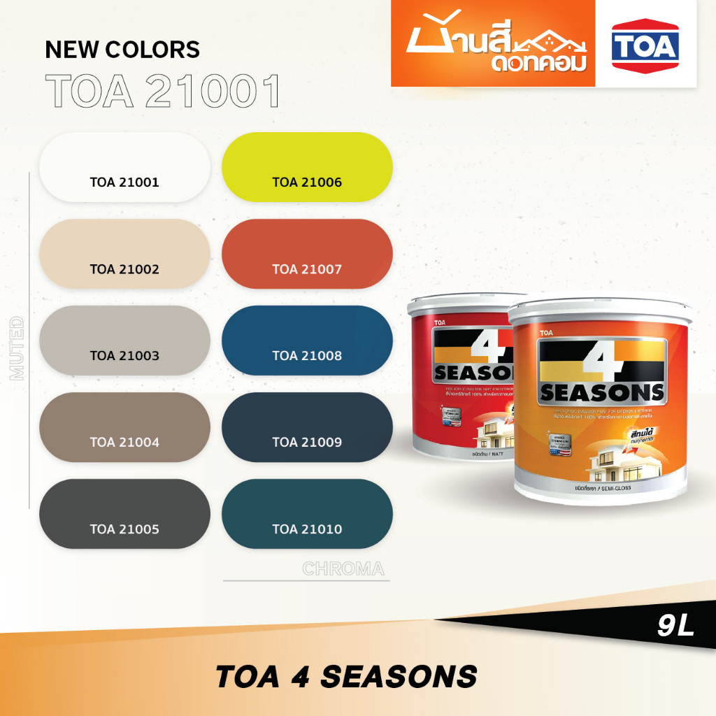 TOA 4 Seasons สีทาบ้าน 21001 ภายนอกและภายใน 9 ลิตร (2.5 แกลอน) ชนิดด้าน กึ่งเงา สีทาภายนอก สีทาภายใน จับคู่ลงตัว
