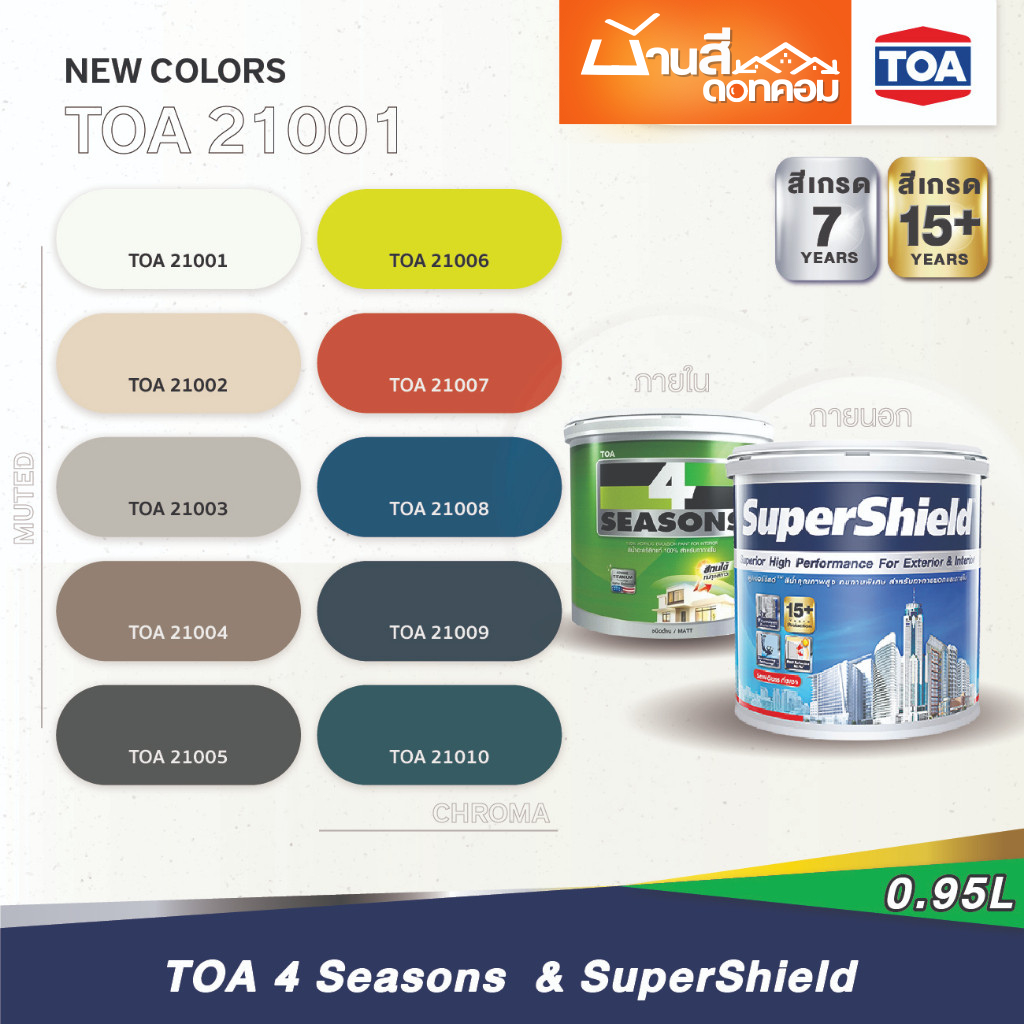 TOA สีทาบ้าน เฉดสี 21001 SuperShield, 4 Seasons 1 ลิตร (1/4 แกลอน) สีทาภายนอก สีทาภายใน จับคู่ลงตัว 