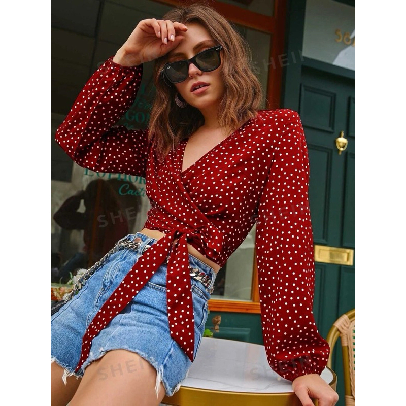SHN Frenchy Polka Dot Surplice Cropped Wrap Top C337