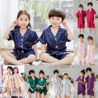 🆕ชุดนอนผ้าซาตินแขนสั้นและกางเกงขาสั้นสำหรับเด็ก เหมาะสำหรับเ…