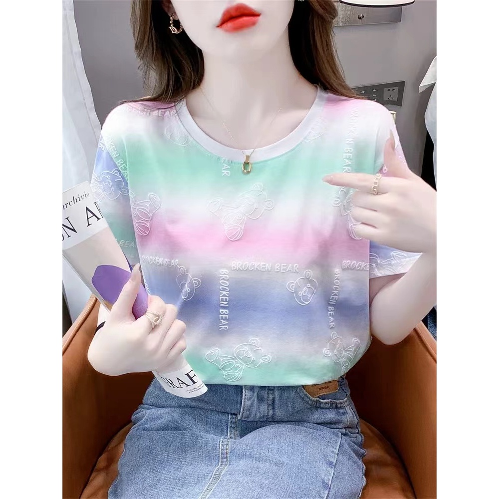 เสื้อยืดแขนสั้นสีขาวฤดูร้อนสำหรับสุภาพสตรี สไตล์เกาหลีใหม่หลวมคอกลมพิมพ์ลายสายรุ้ง
