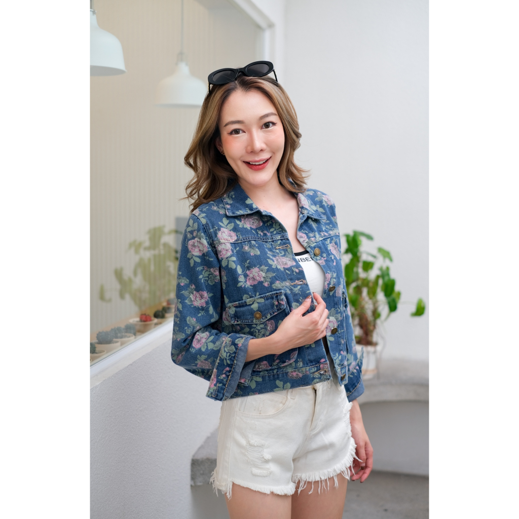 pinkแจ็คเก็ตยีนส์แขนยาวลายดอก กระเป๋าคาร์โก้ รุ่น8822 - รูปที่ 5