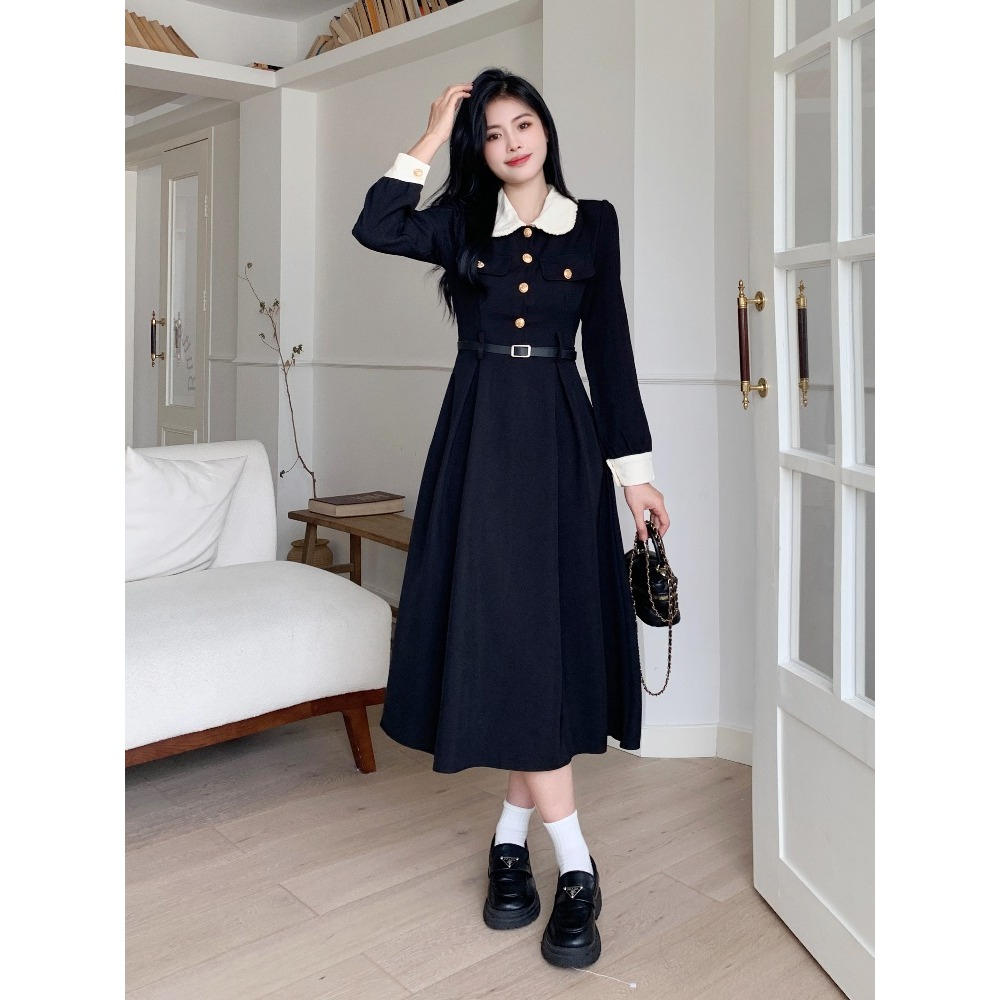 【ใหม่】 M-4XL เดรสไซส์ใหญ่ เอวสูงสำหรับสาวอวบ คอปก แขนยาว สไตล์เกาหลี แฟชั่น ดูดี สไตล์เฮปเบิร์น ทรงเอ กระโปรงยาว
