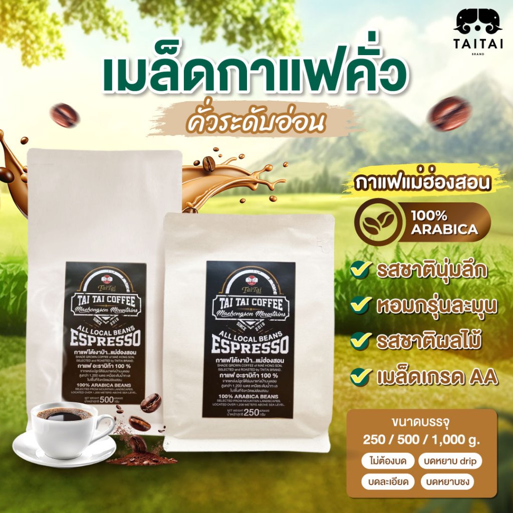 เมล็ดกาแฟคั่ว (คั่วระดับอ่อน) กาแฟอะราบิก้า Premium 100% จากจังหวัดแม่ฮ่องสอน ปลูกใต้เร่าเงาแห่งป่าบนดอยสูงกว่า 1,200ม.